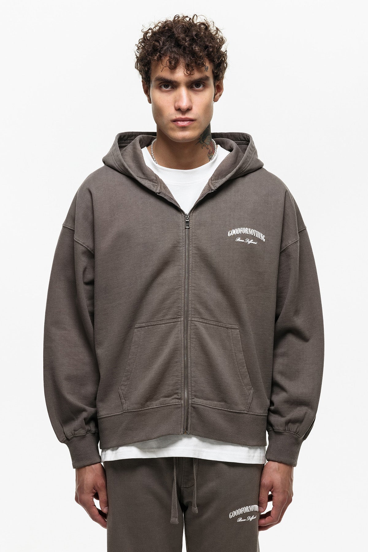Oversized Garment Dyed Taupe  Zip Hoodie