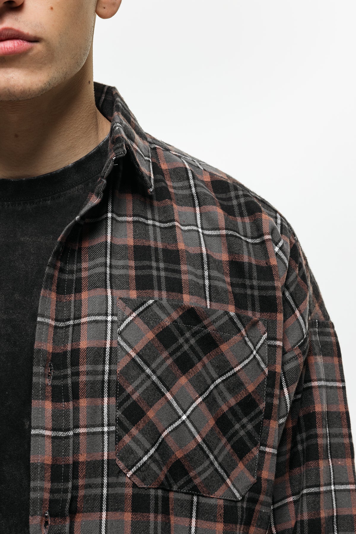 Oversized Flannel Check Grey Shirt