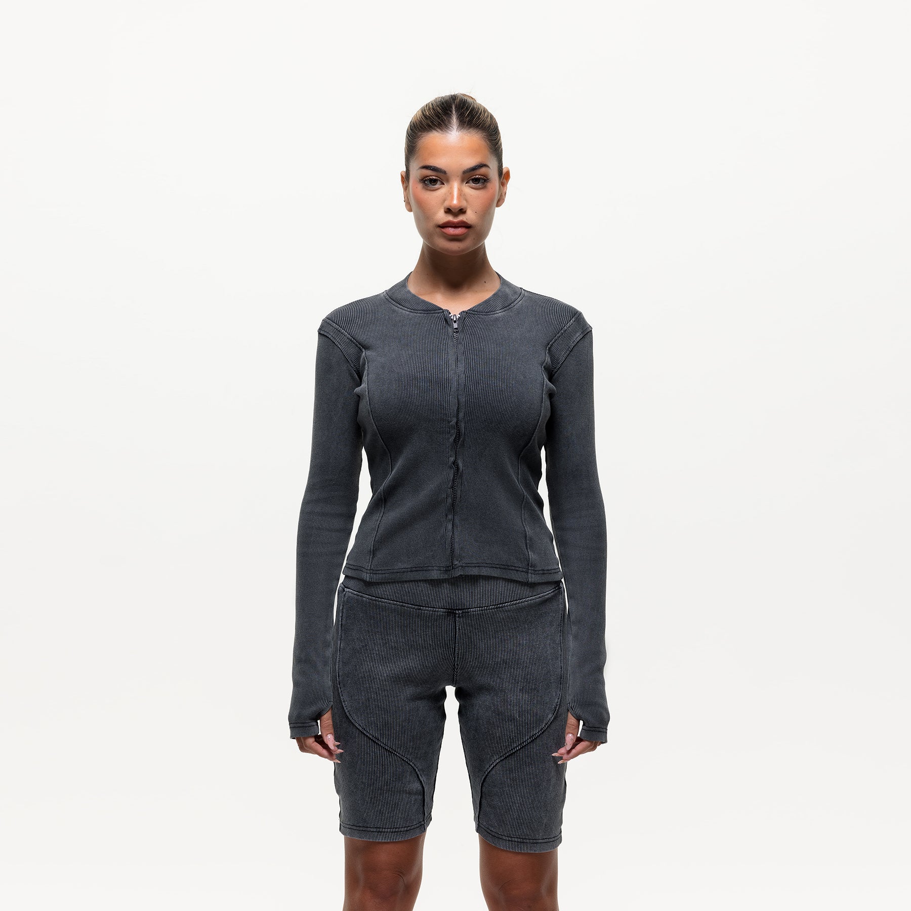Contour Acid Wash Ribbed Zip Top