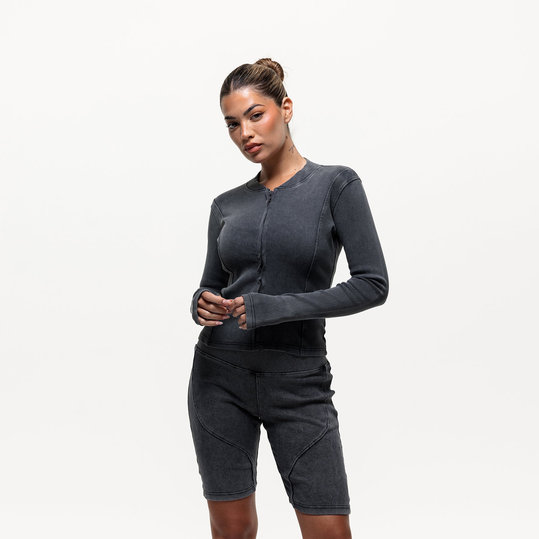 Contour Acid Wash Ribbed Zip Top
