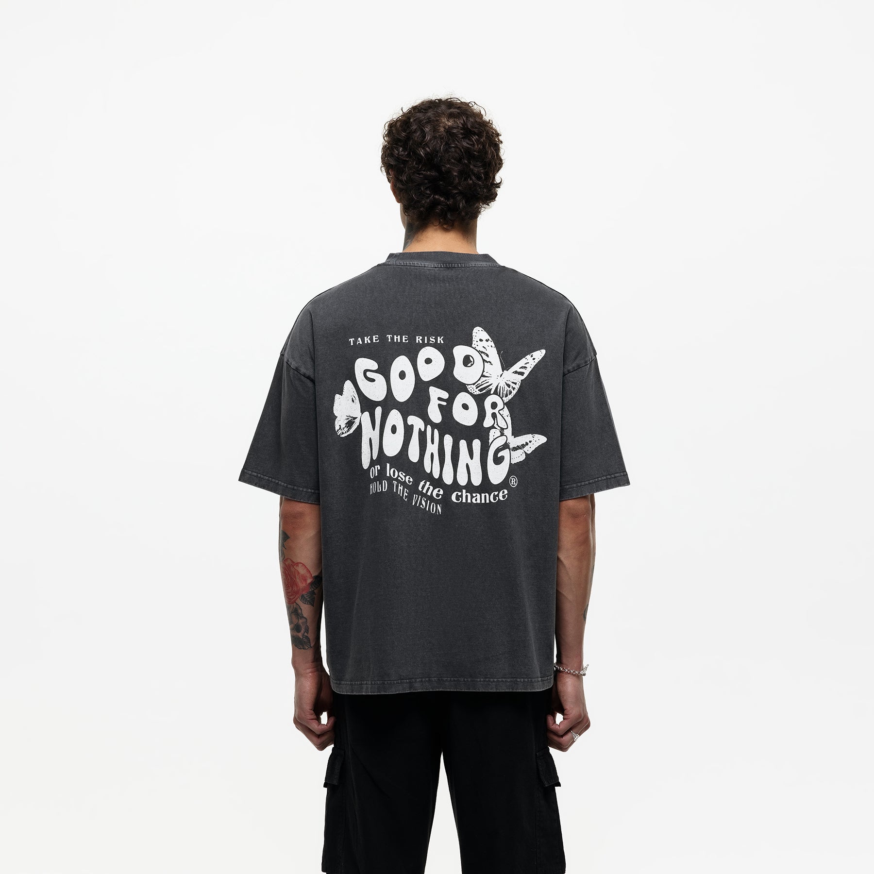 Oversized Stamp Butterfly Washed Black T-shirt