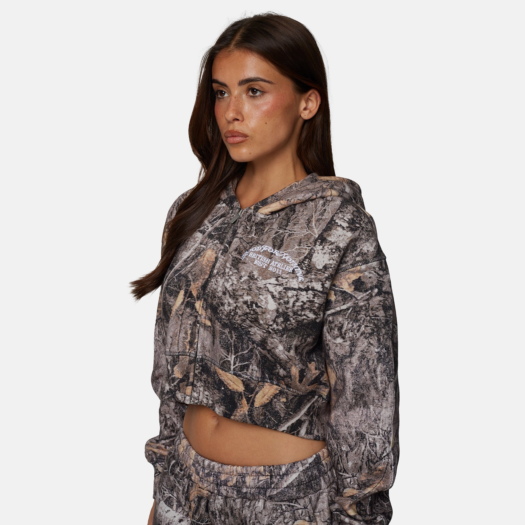 Woodland Camo Brown Crop Zip Hoodie