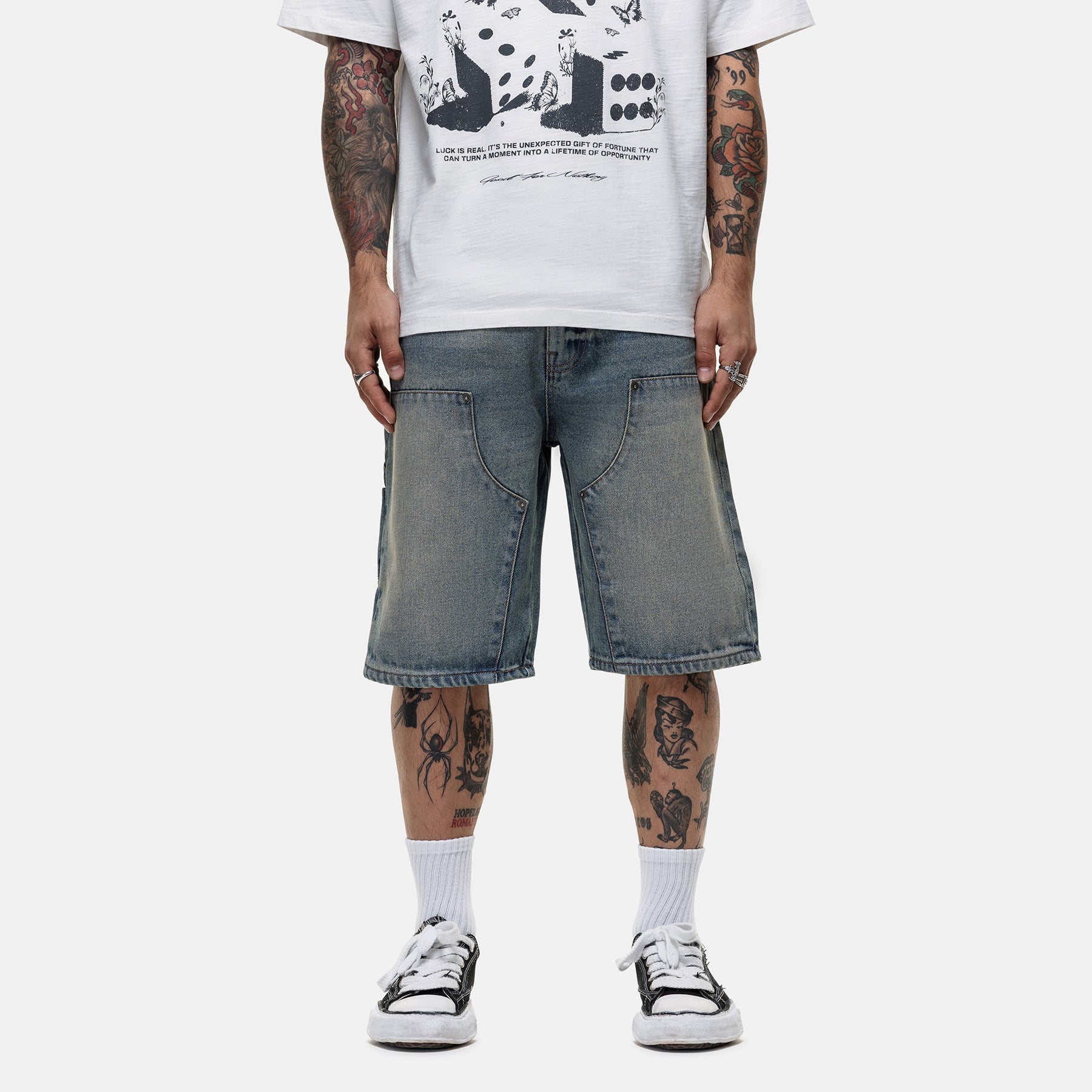 デニム・ジーパン NOT4NERD 4 Symbol Colour Block Mesh Shorts White J1SP002AWH Women's Summer Streetwear Harajuku Denim Design Lace Edges