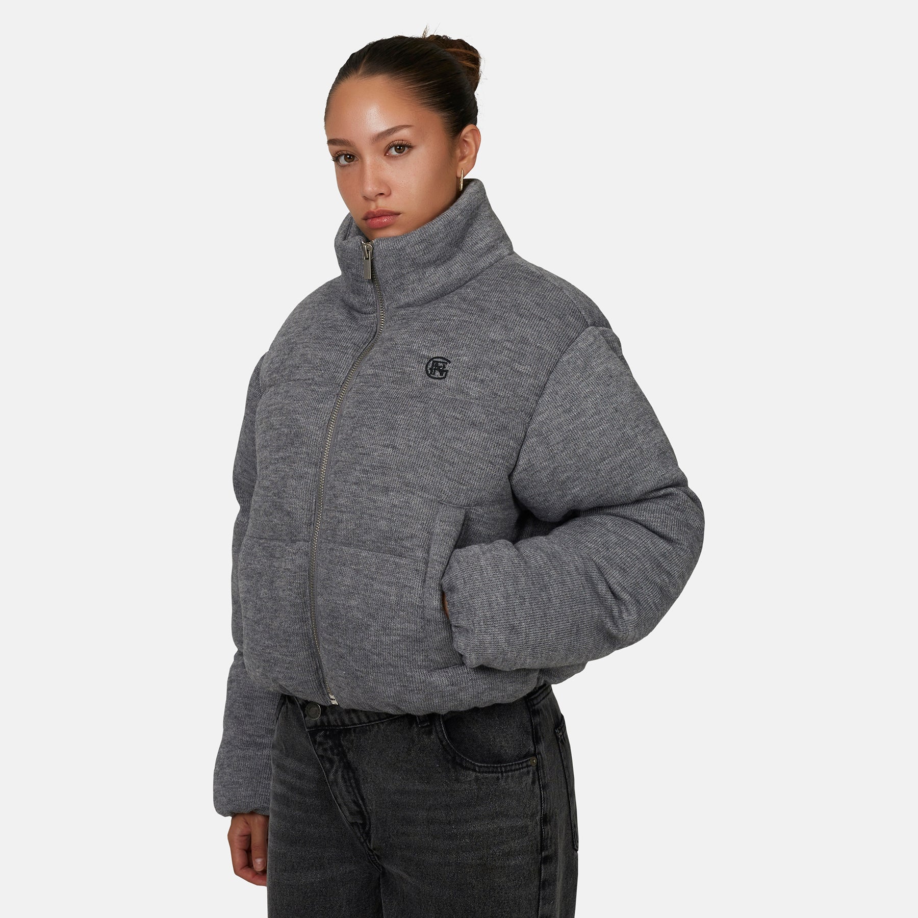 Monogram Knitted Grey Marl Puffer Jacket