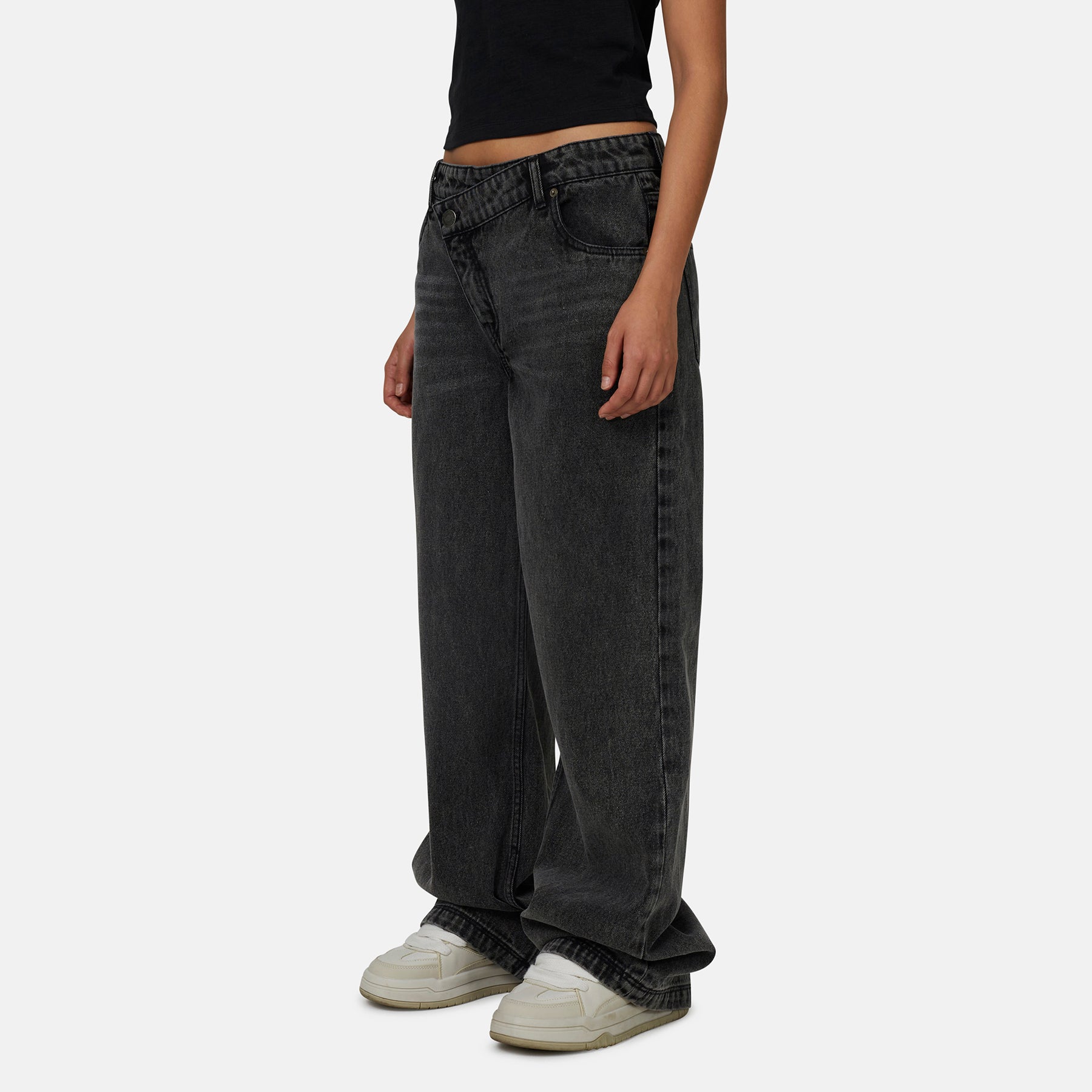 Asymmetric Washed Grey Denim Jean