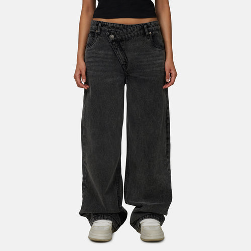 Asymmetric Washed Grey Denim Jean