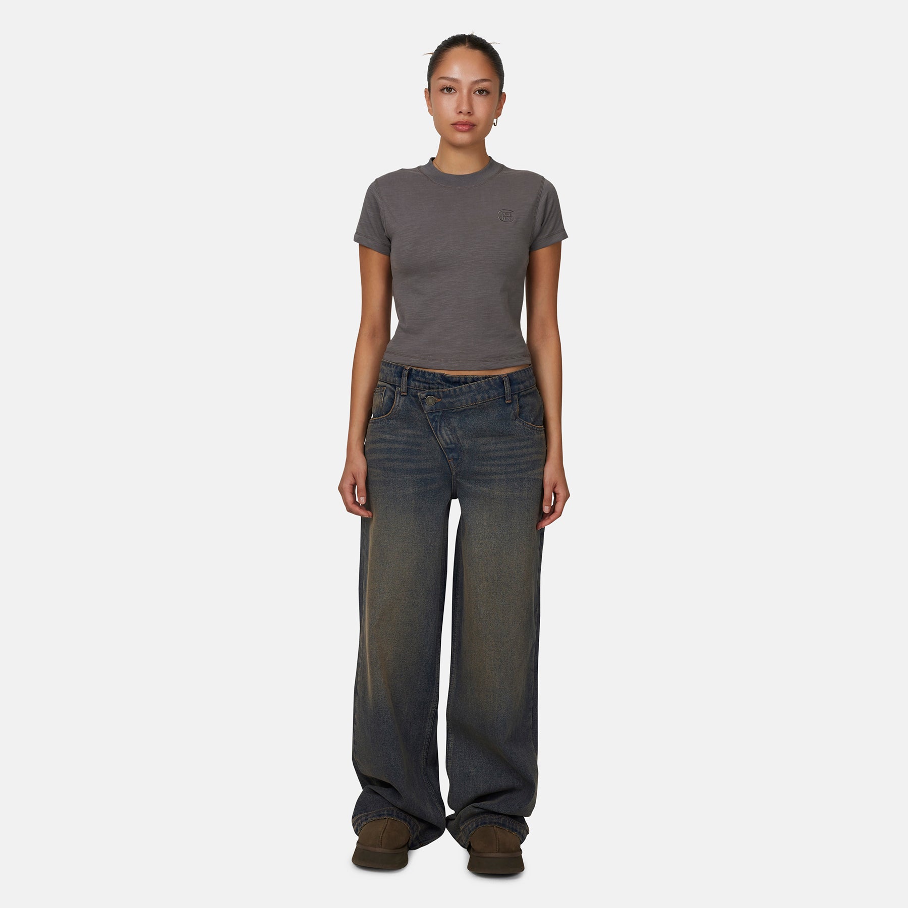 Asymmetric Washed Rust Blue Denim Jean