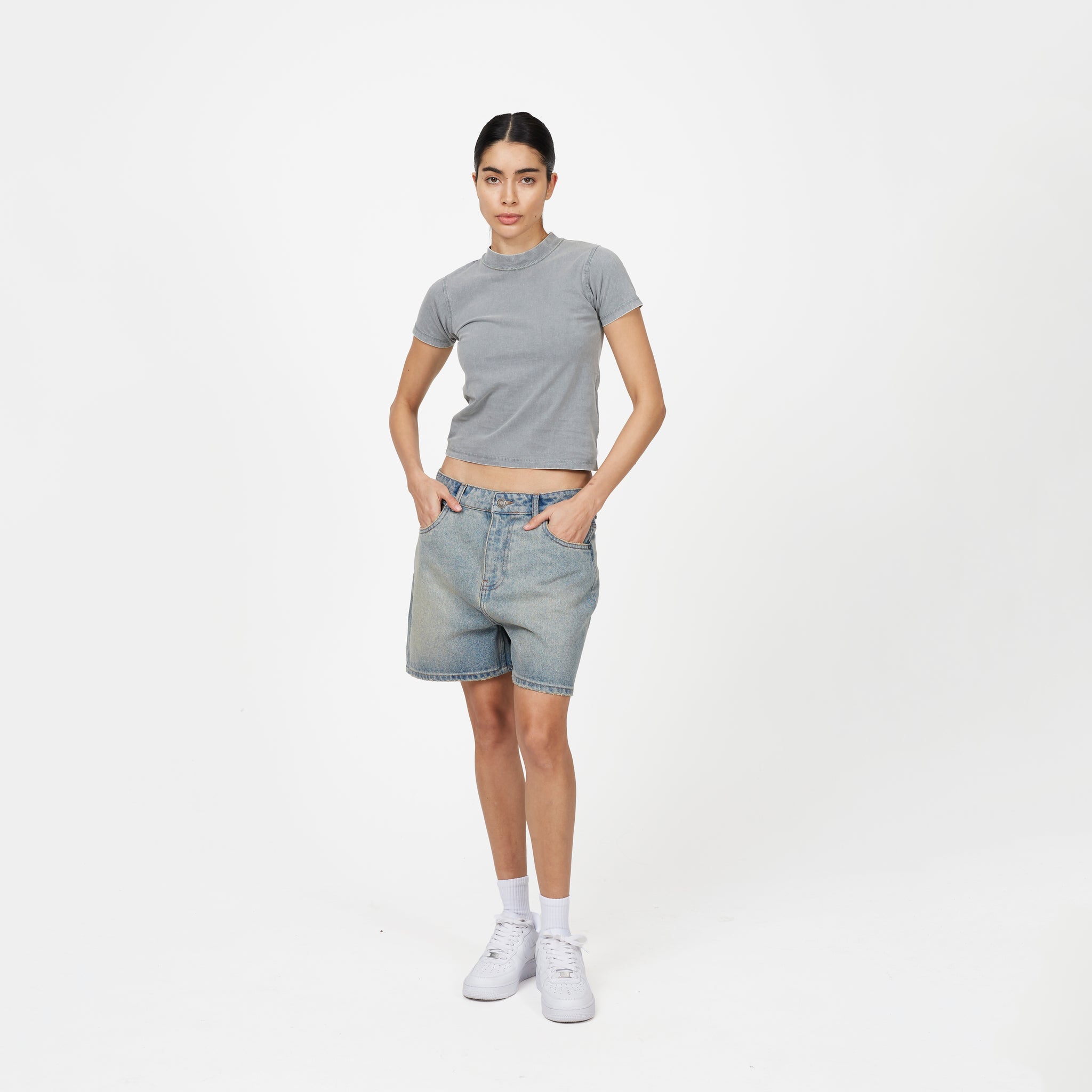Heavy Washed Light Blue Denim Shorts