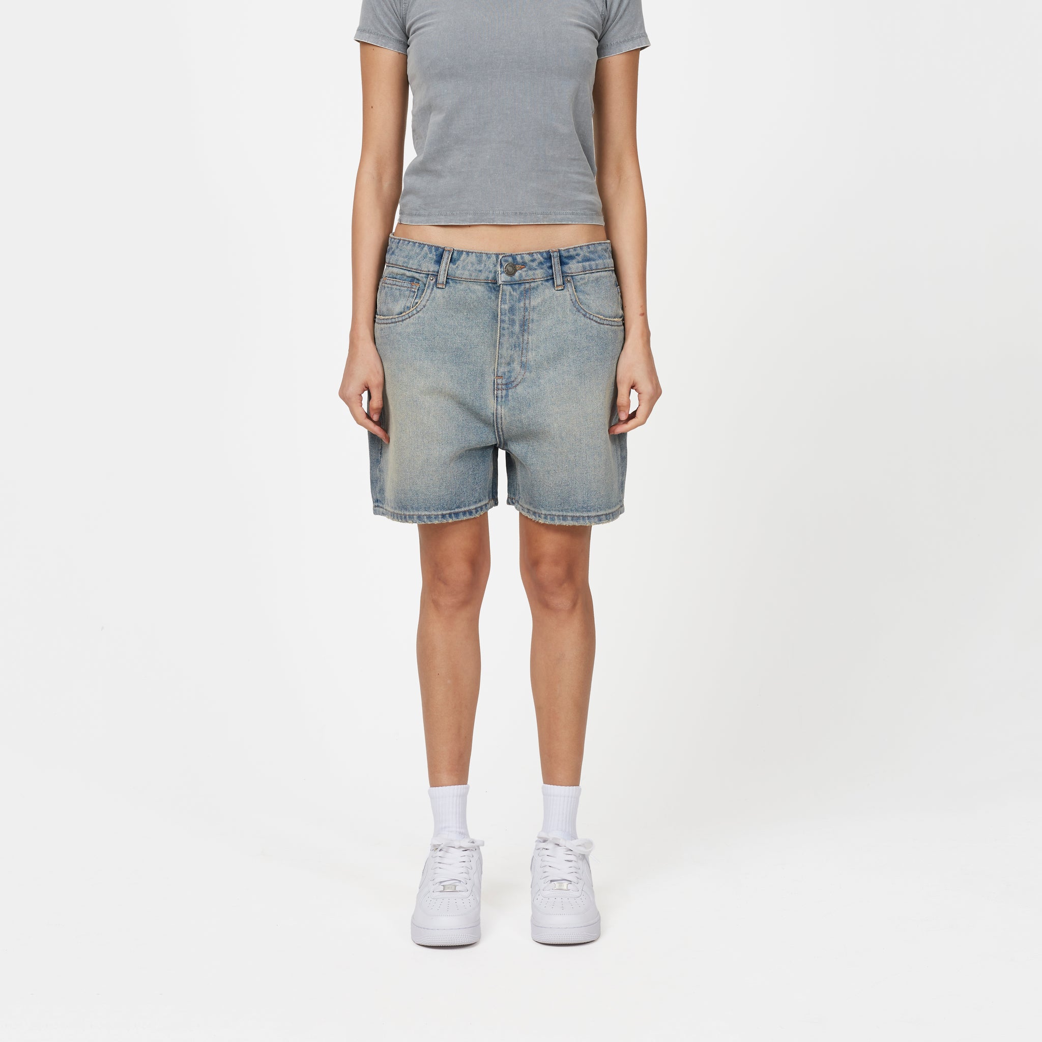 Heavy Washed Light Blue Denim Shorts