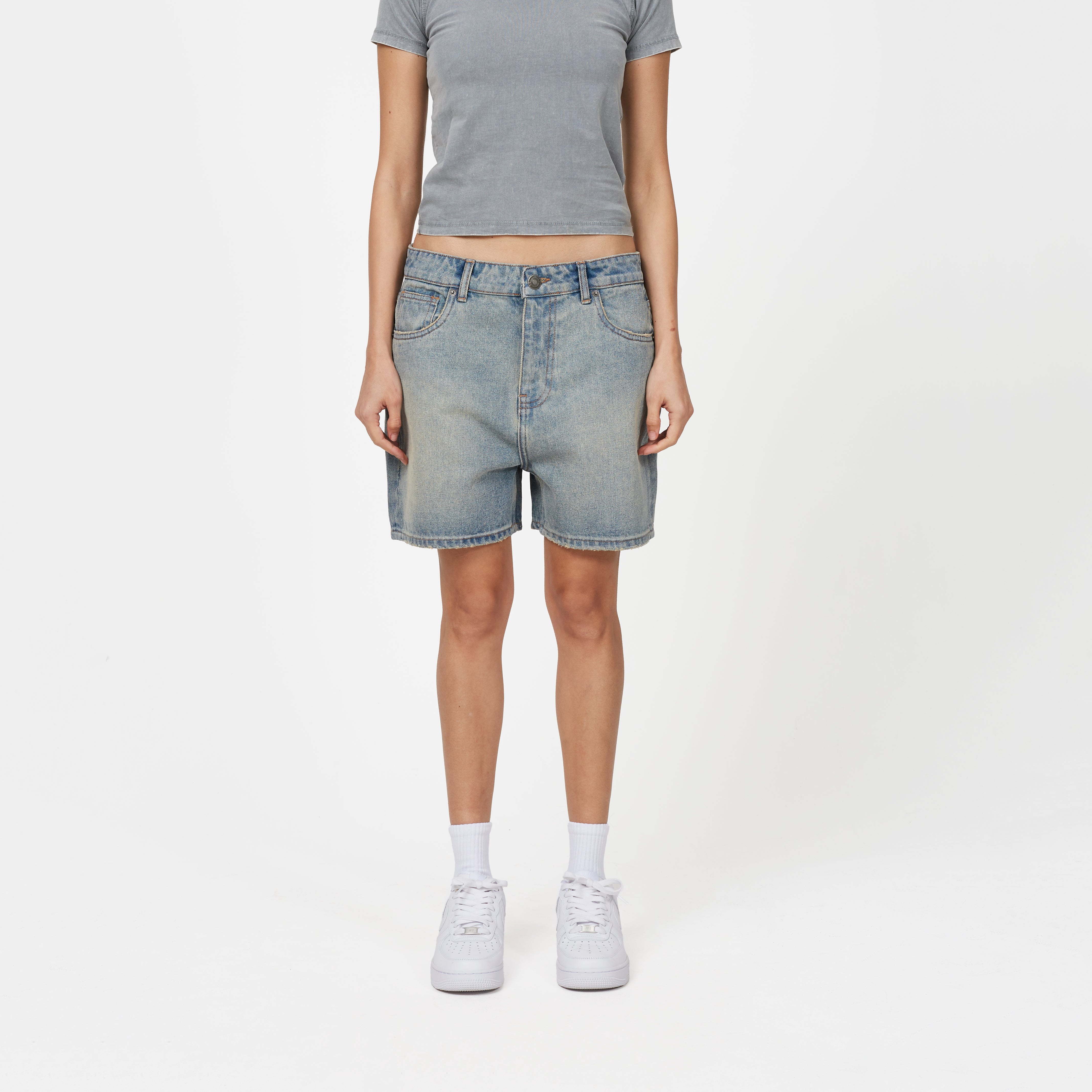 Heavy Washed Light Blue Denim Shorts