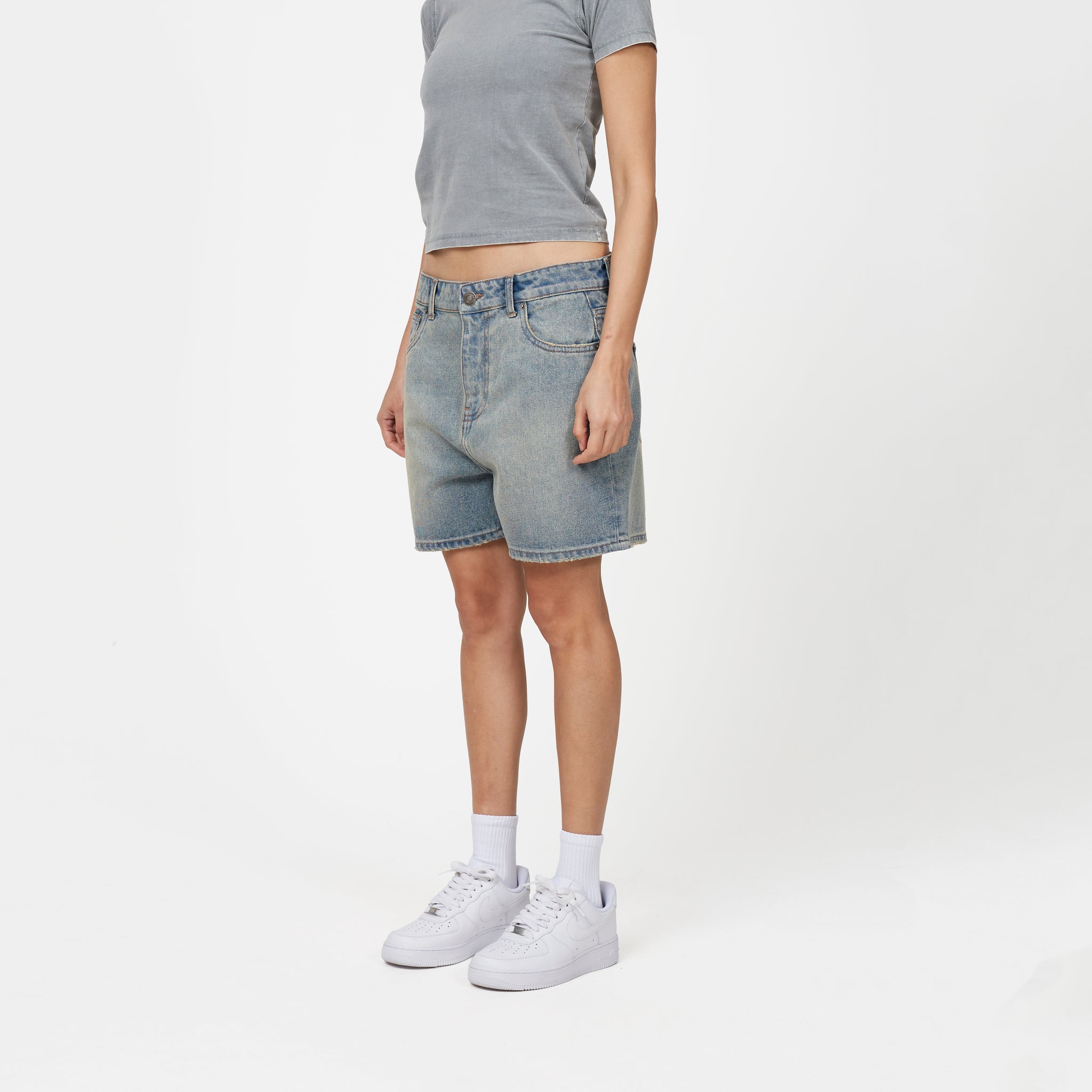 Heavy Washed Light Blue Denim Shorts