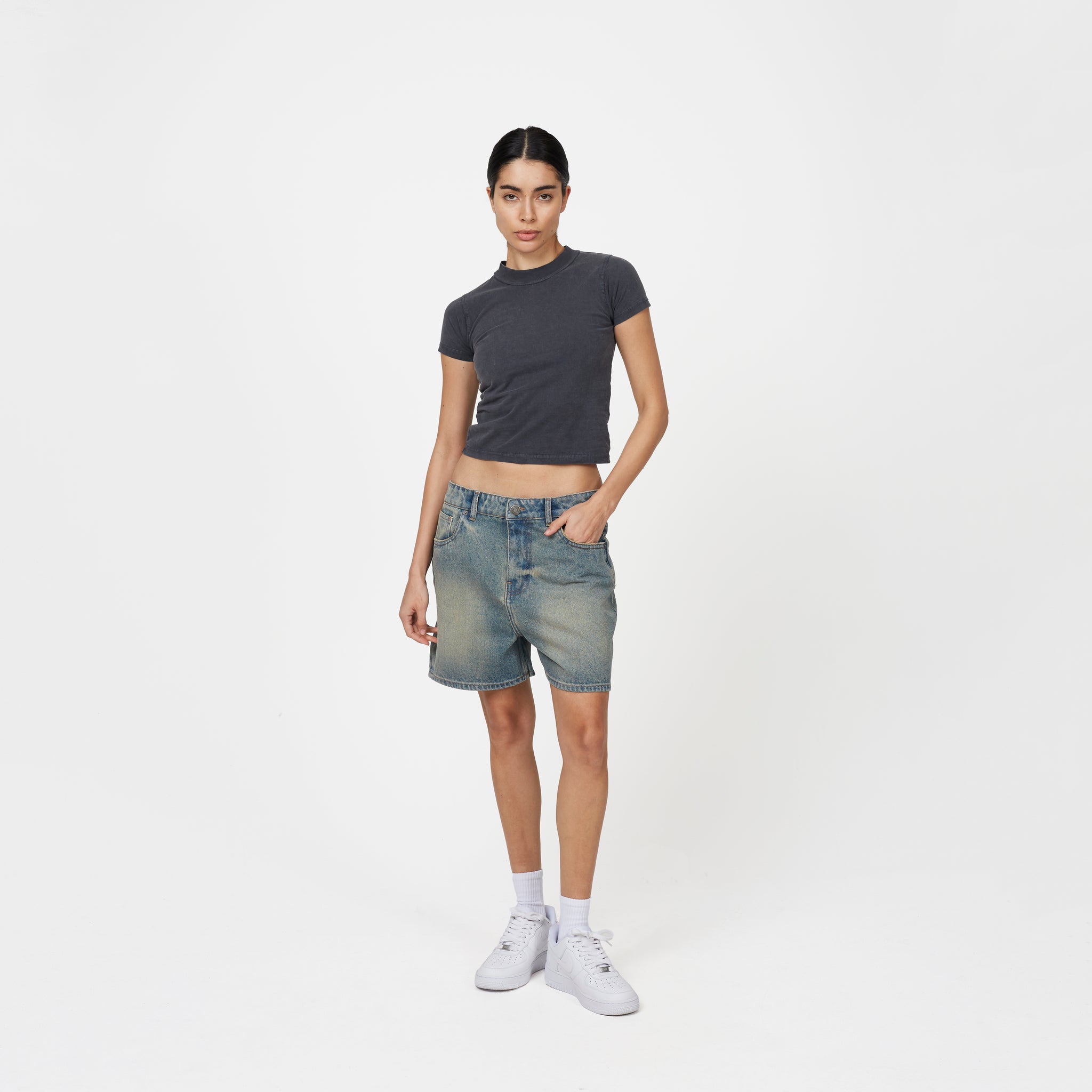 Heavy Washed Faded Blue Denim Shorts