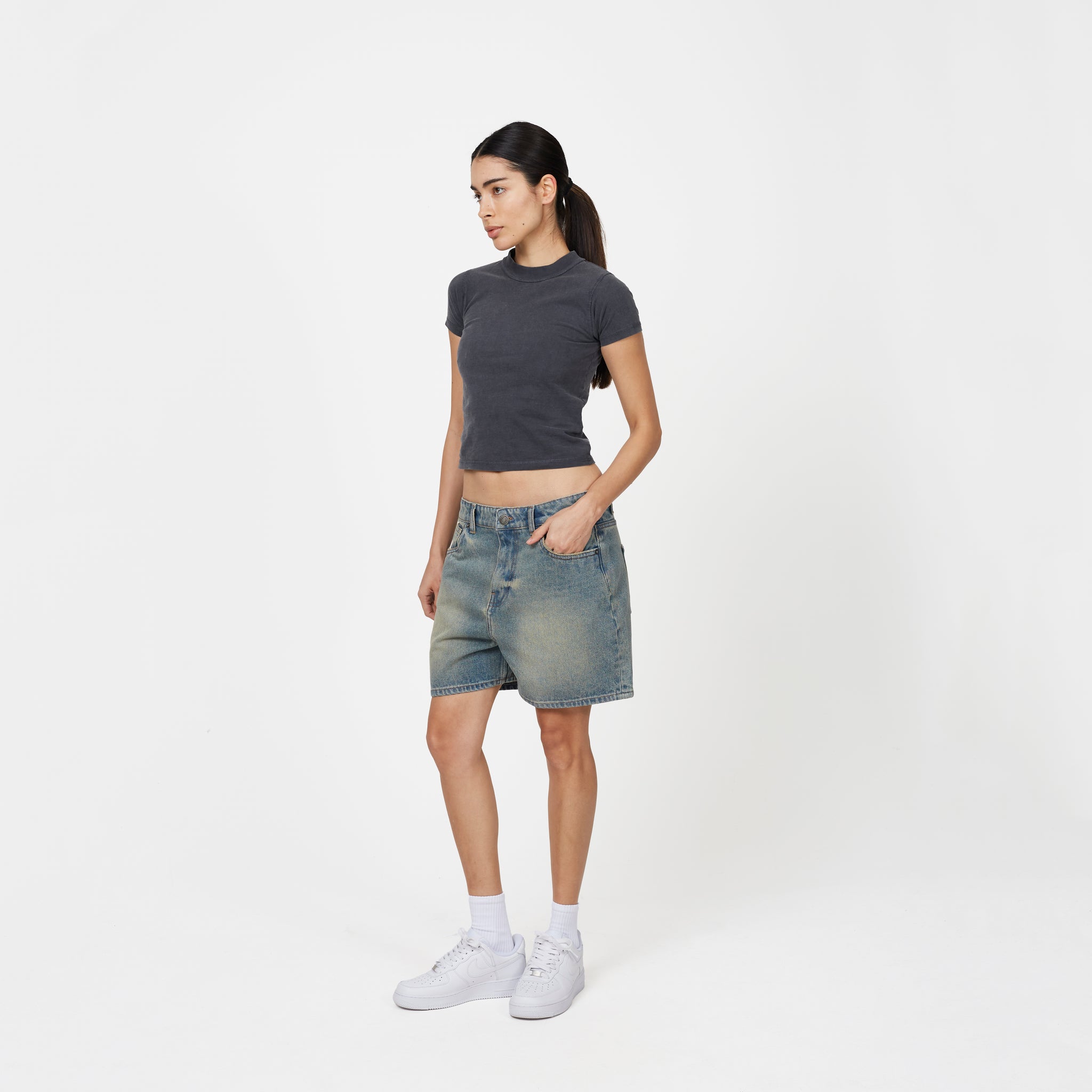 Heavy Washed Faded Blue Denim Shorts