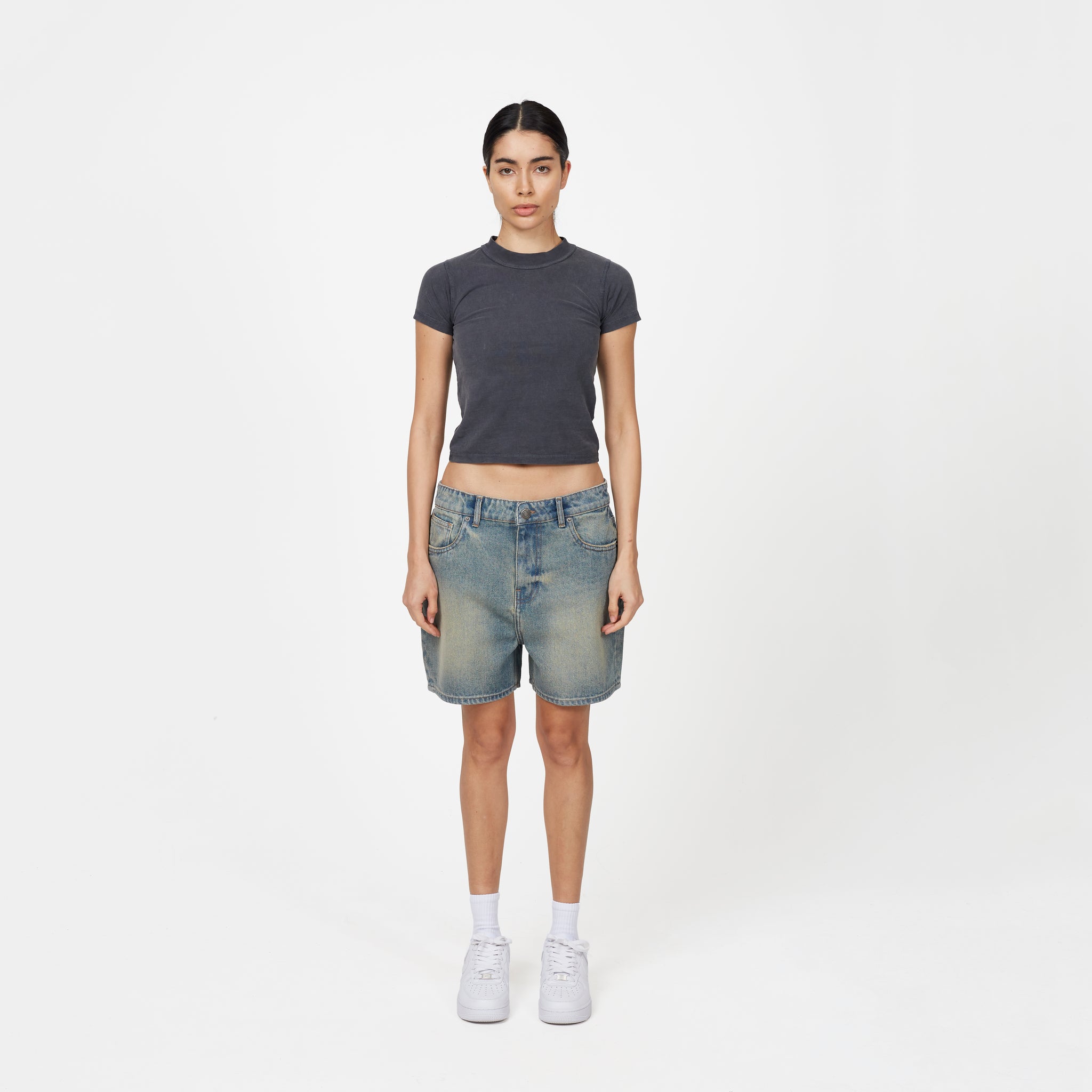 Heavy Washed Faded Blue Denim Shorts