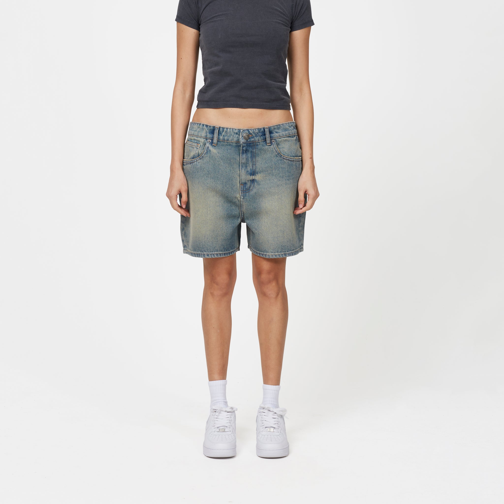 Heavy Washed Faded Blue Denim Shorts