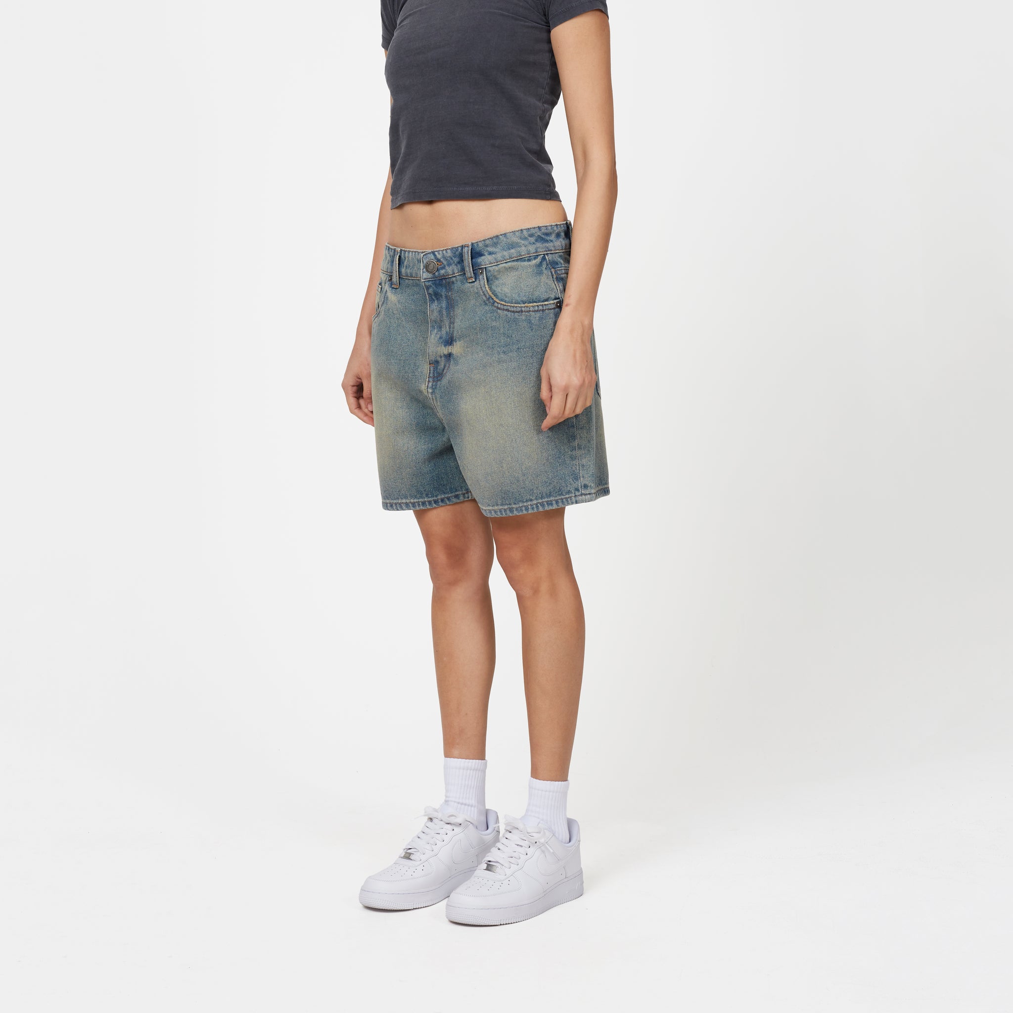 Heavy Washed Faded Blue Denim Shorts