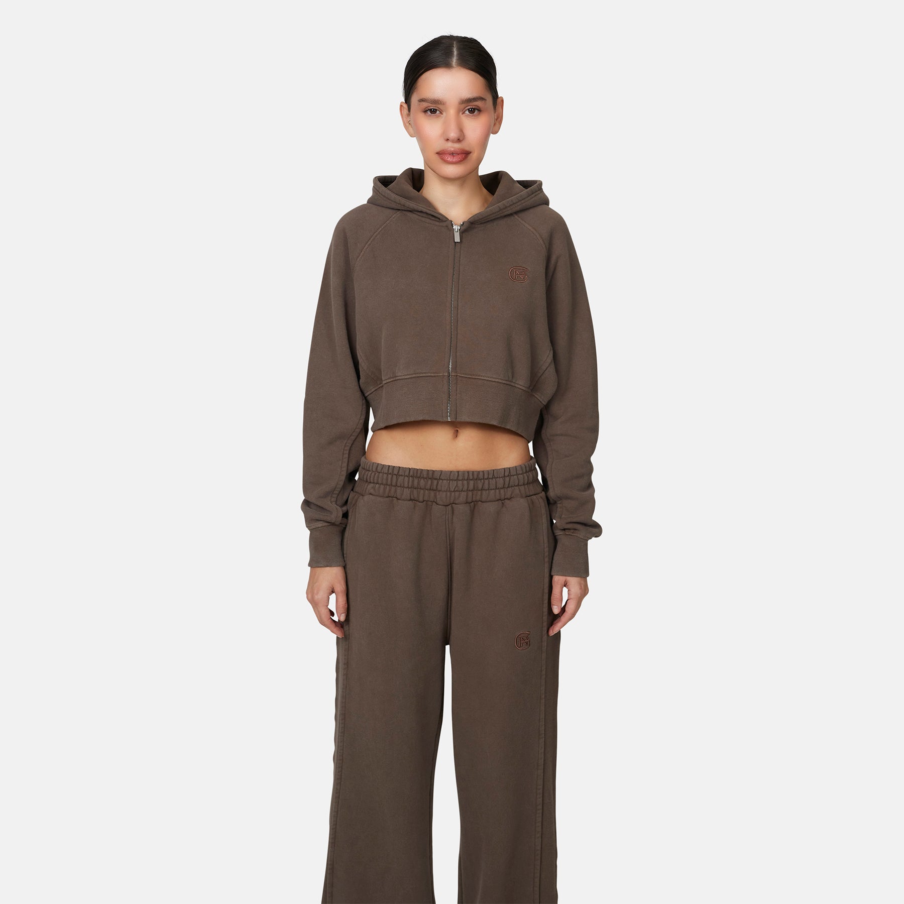 Monogram Brown Crop Zip Hoodie