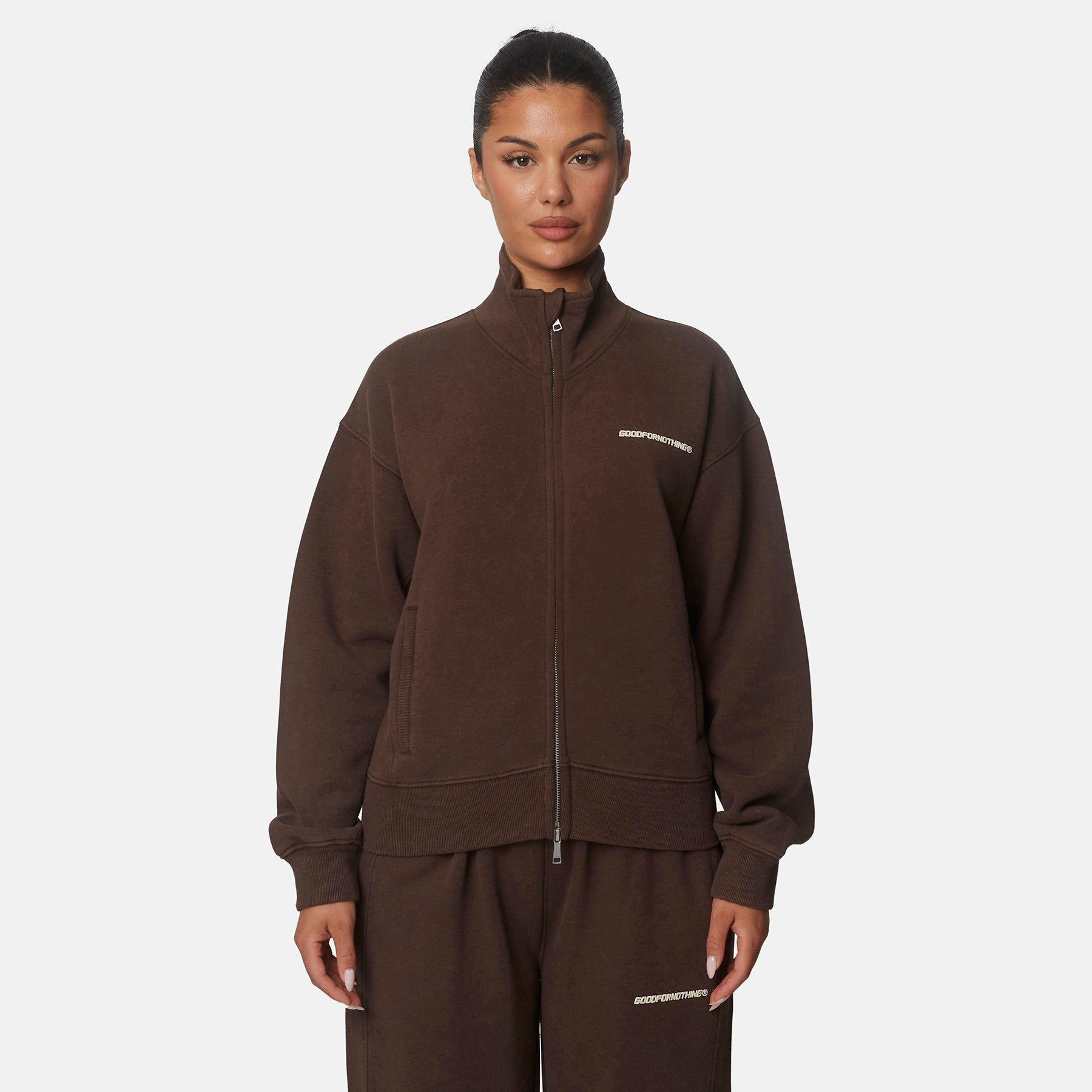 Essential Chocolate Brown Funnel Neck Zip Sweater