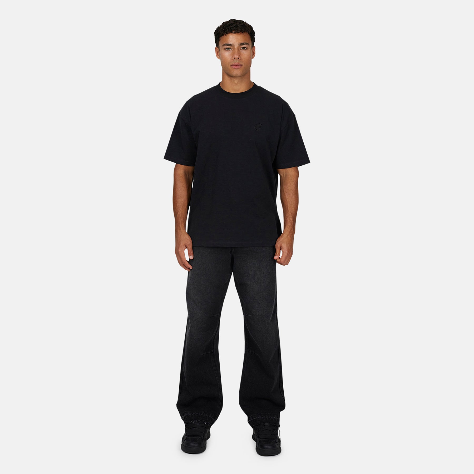 Heavy Washed Black Frayed Hem Denim Jeans