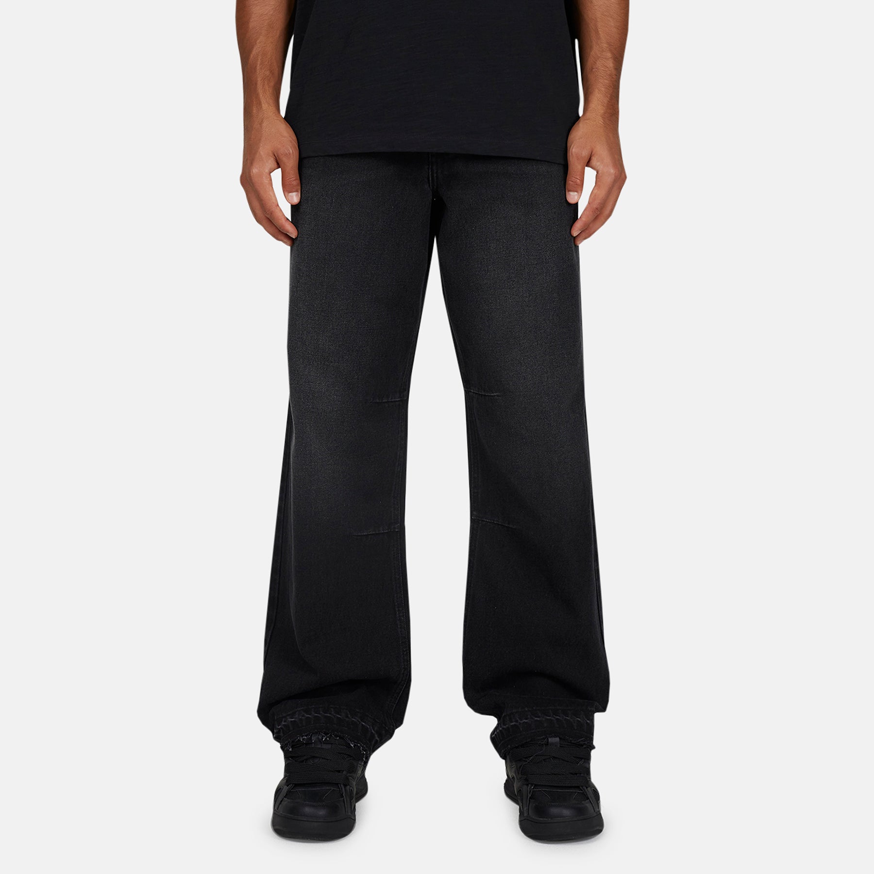 Heavy Washed Black Frayed Hem Denim Jeans