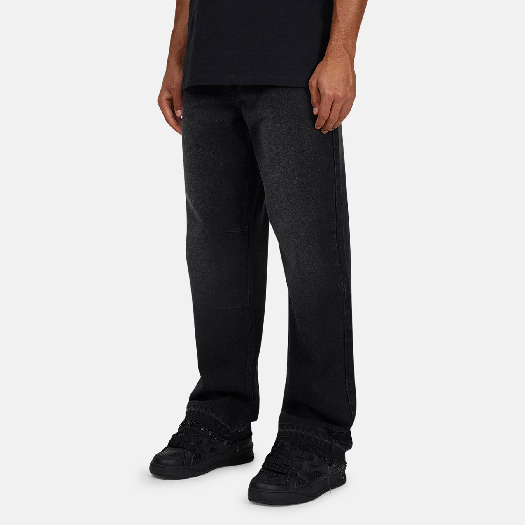 Heavy Washed Black Frayed Hem Denim Jeans