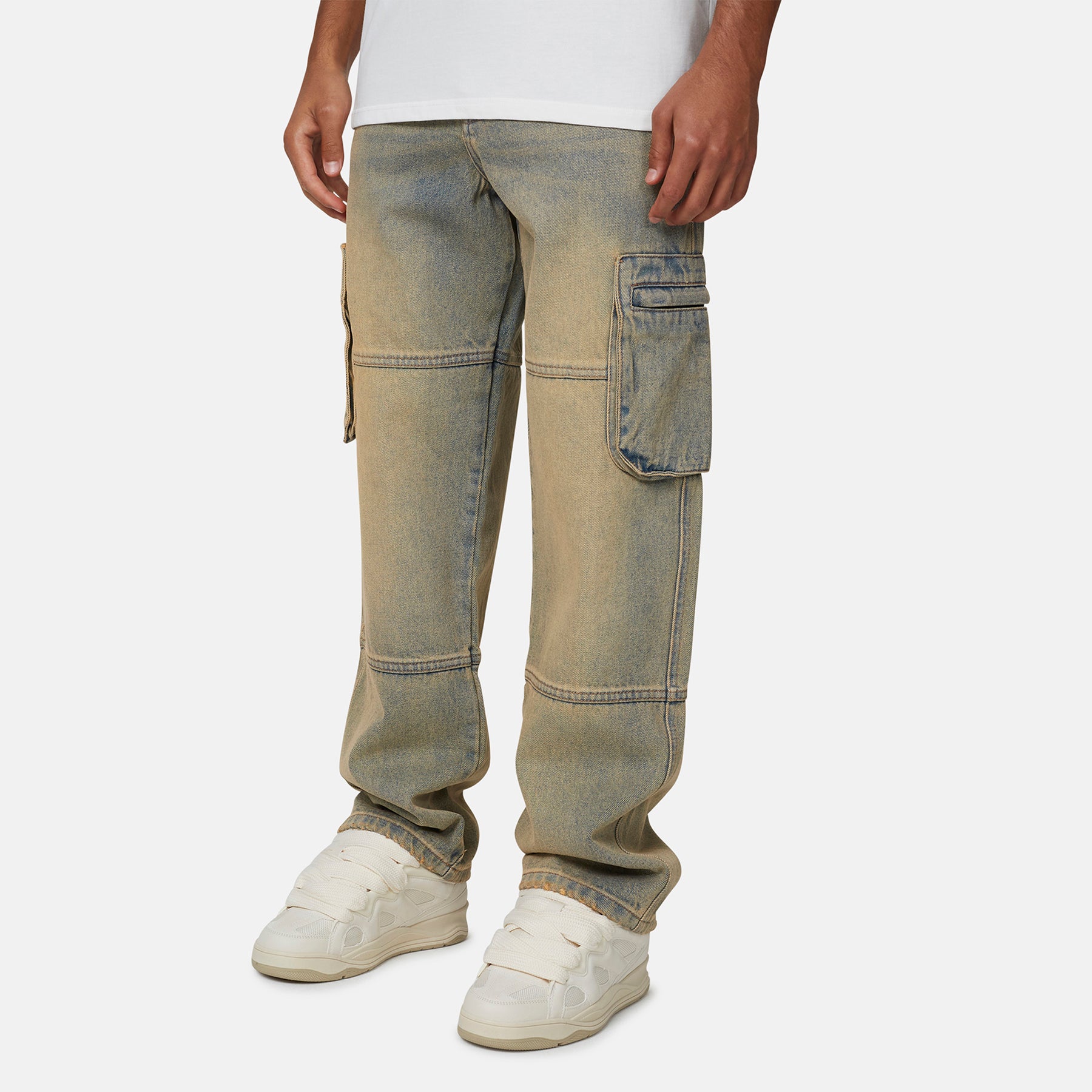 Heavy Washed Cargo Sand Blue Denim Jeans