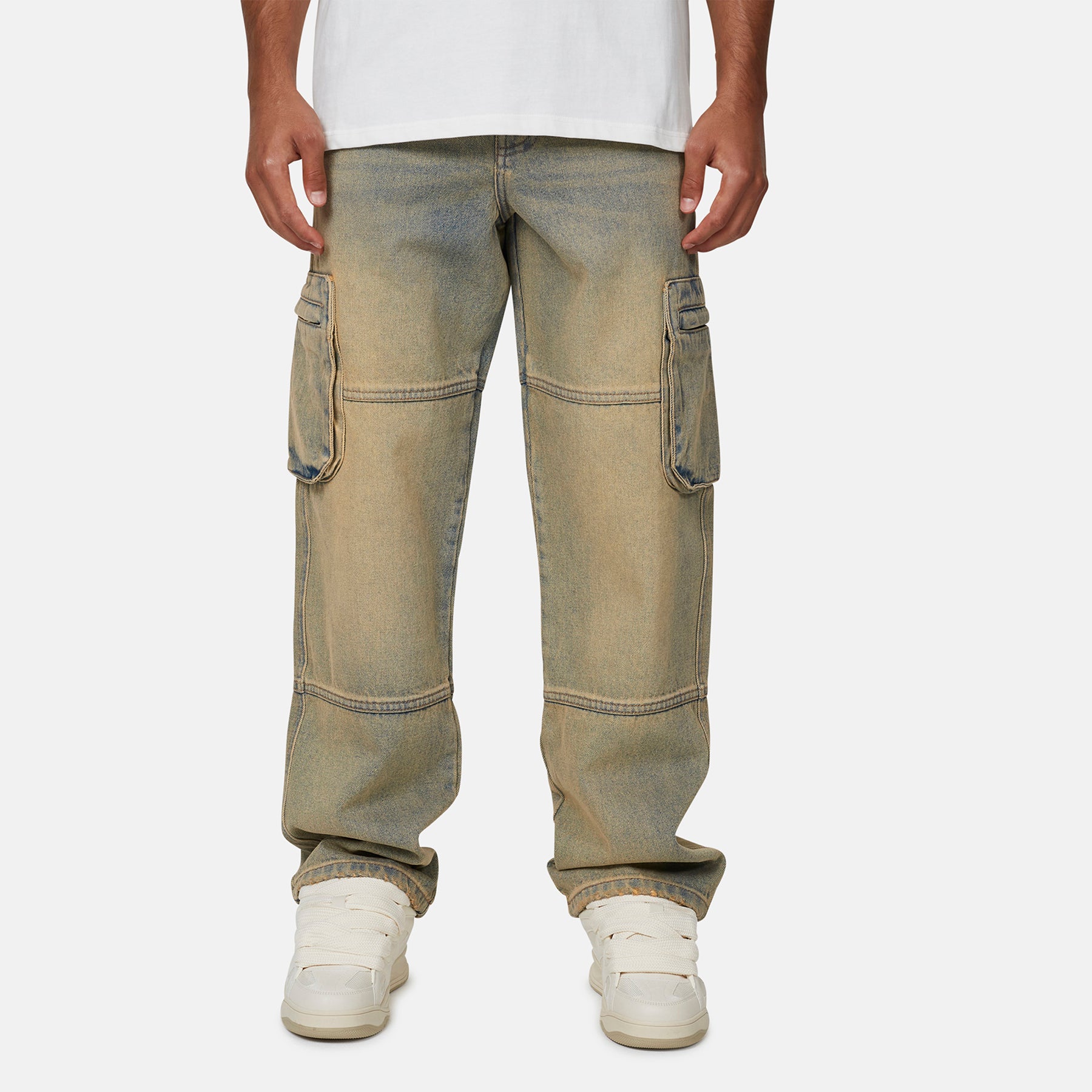 Heavy Washed Cargo Sand Denim Jeans