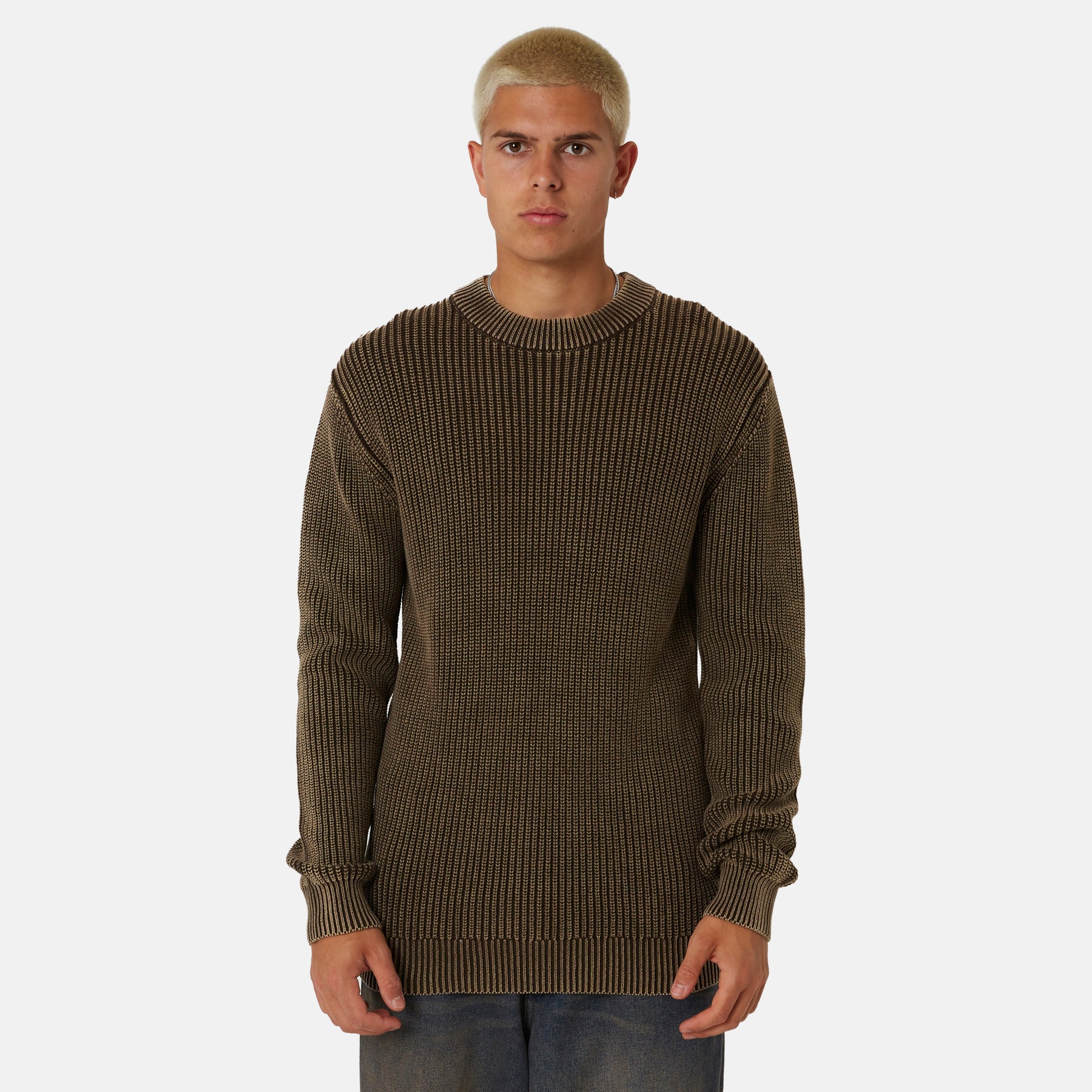 Acid Washed Chocolate Brown Knitted Crewneck
