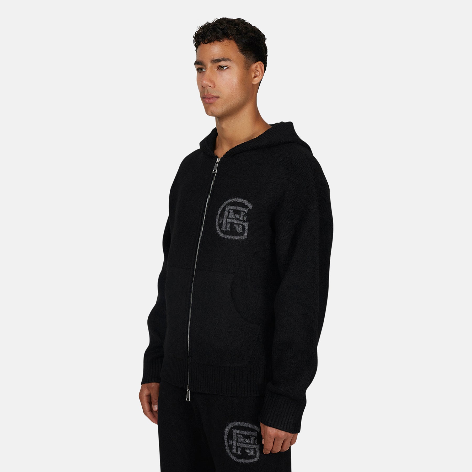Monogram Fluffy Knit Black Zip Hoodie