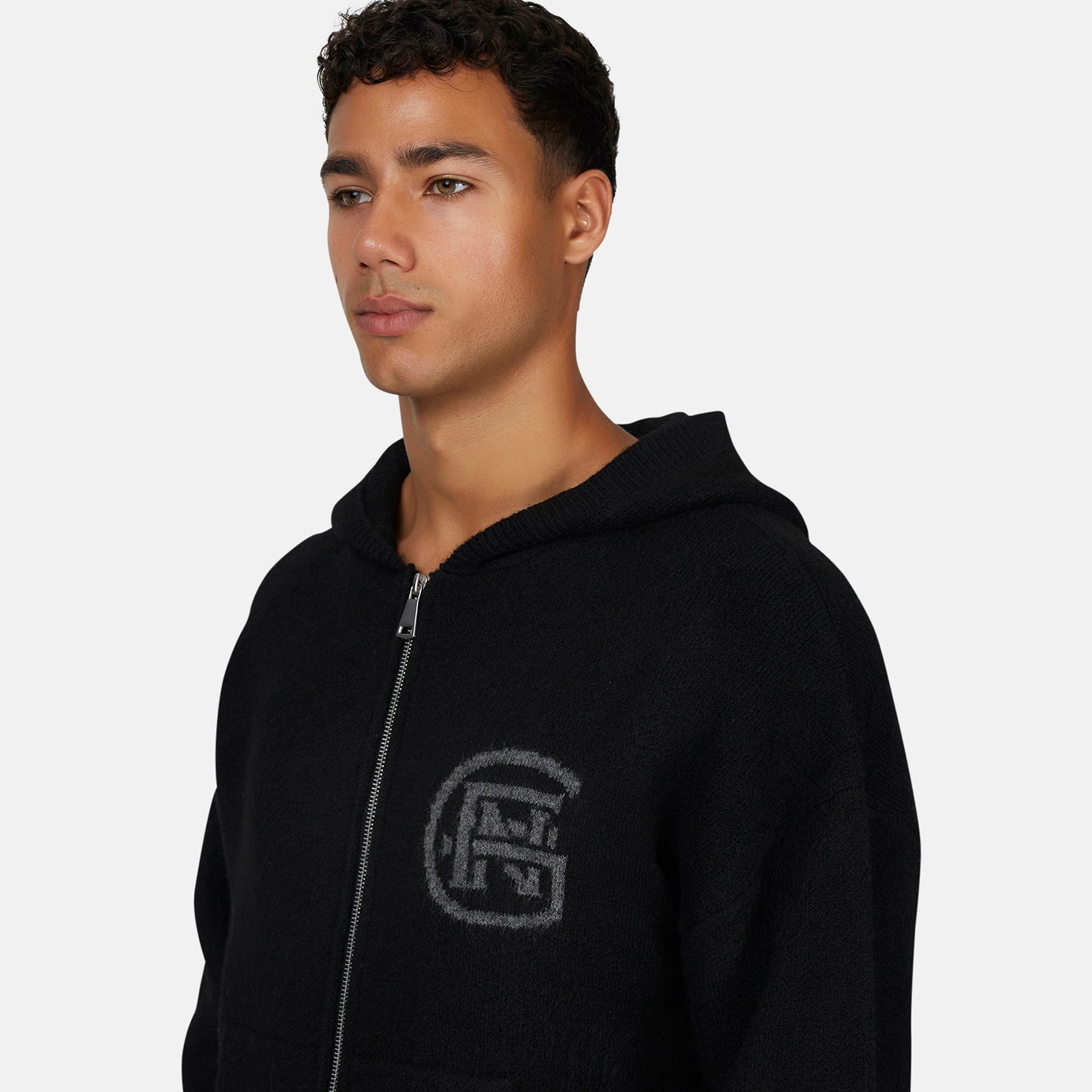 Monogram Fluffy Knit Black Zip Hoodie