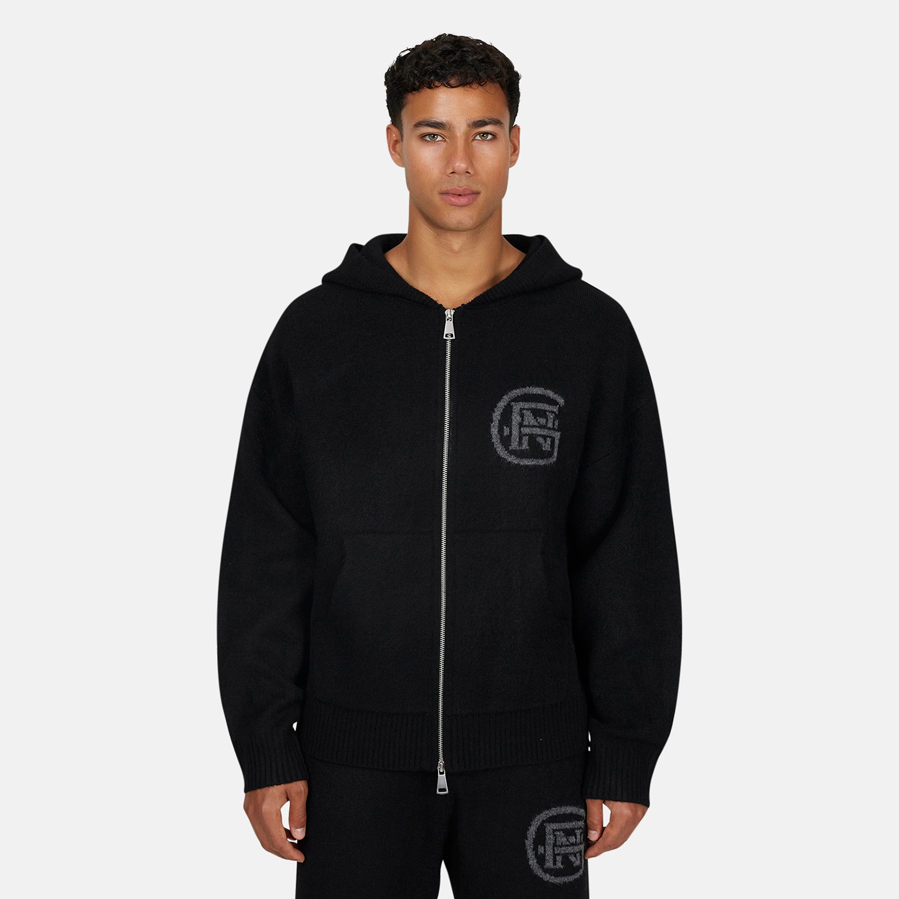 Monogram Fluffy Knit Black Zip Hoodie