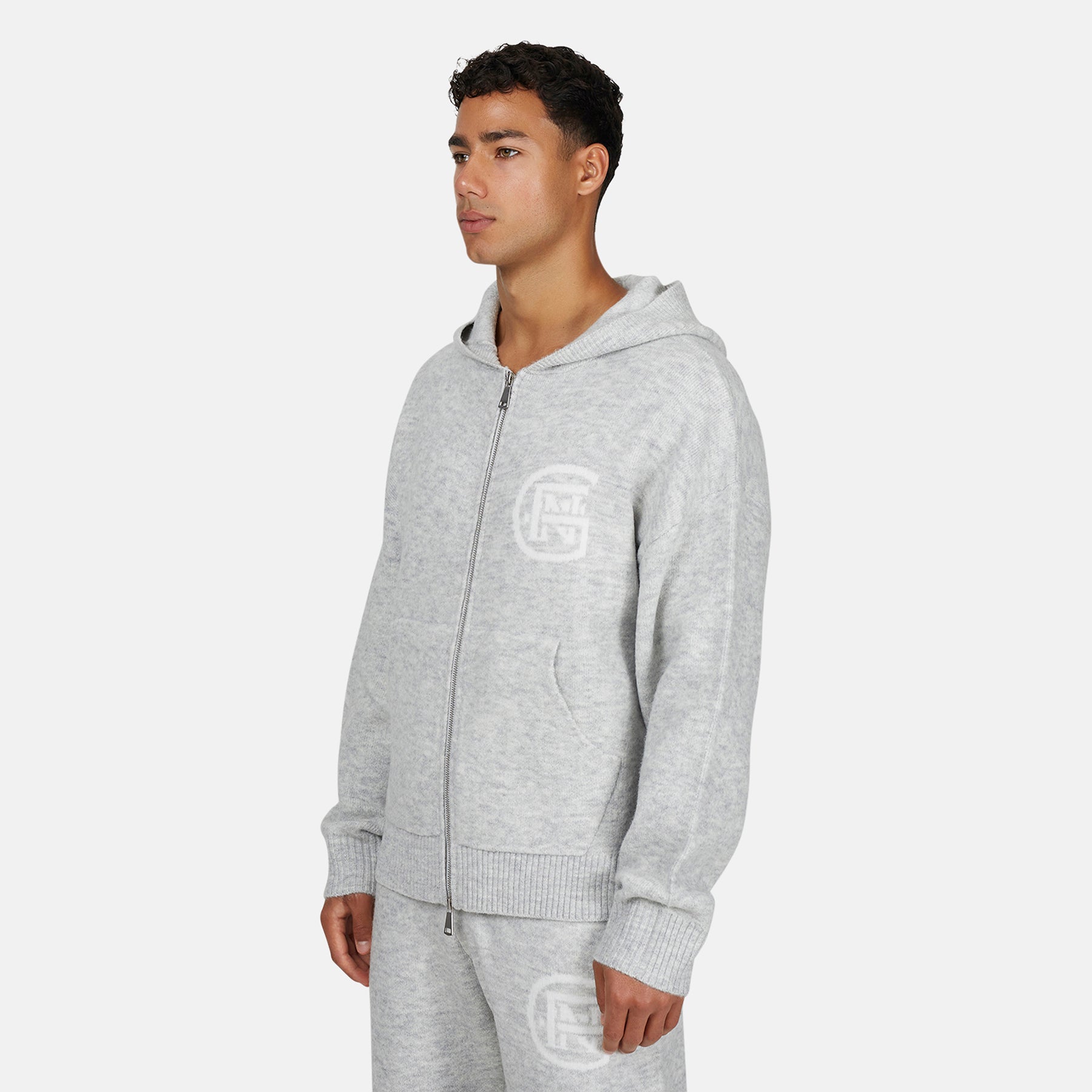 Monogram Fluffy Knit Grey Marl Zip Hoodie