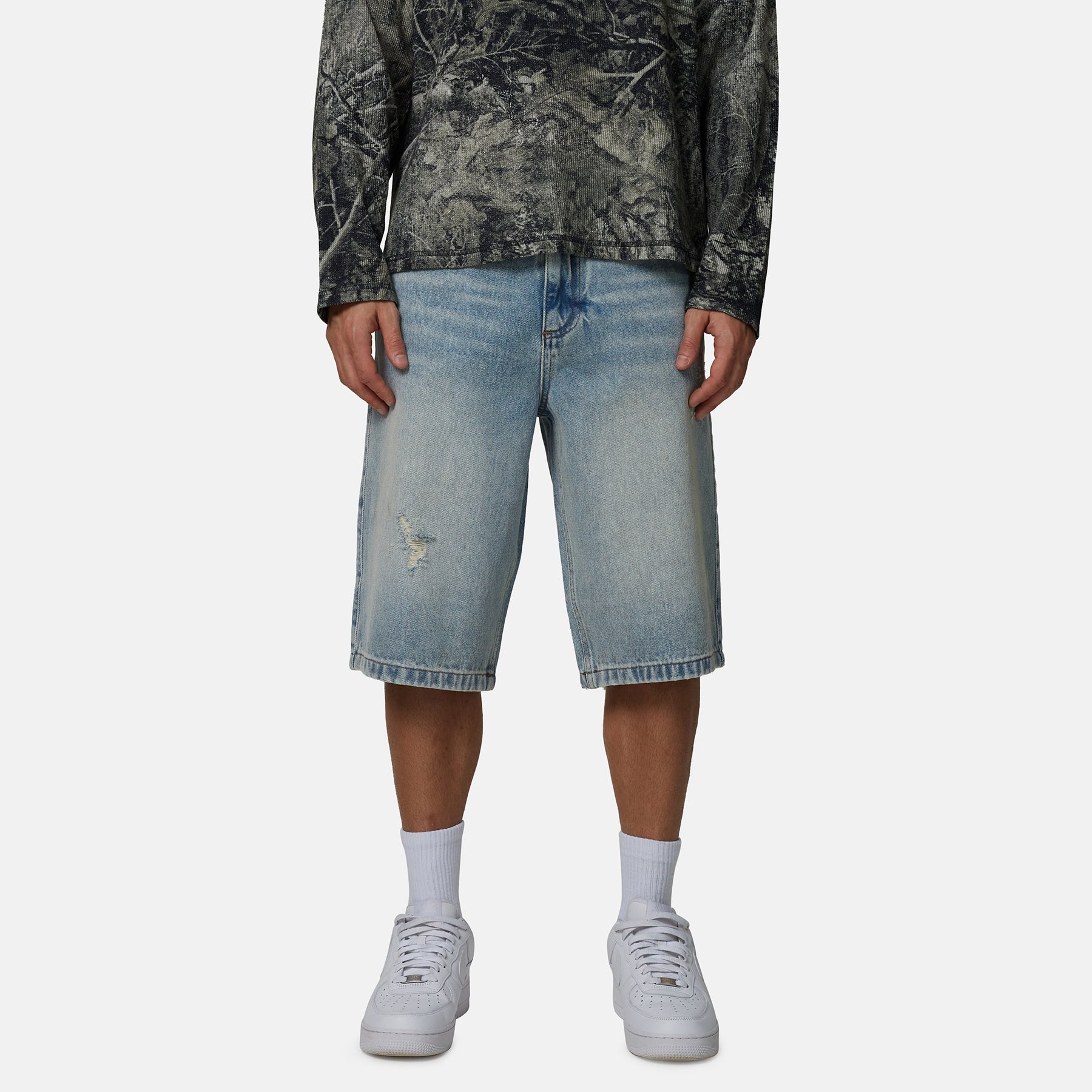 Stitch Baggy Washed Light Blue Denim Shorts