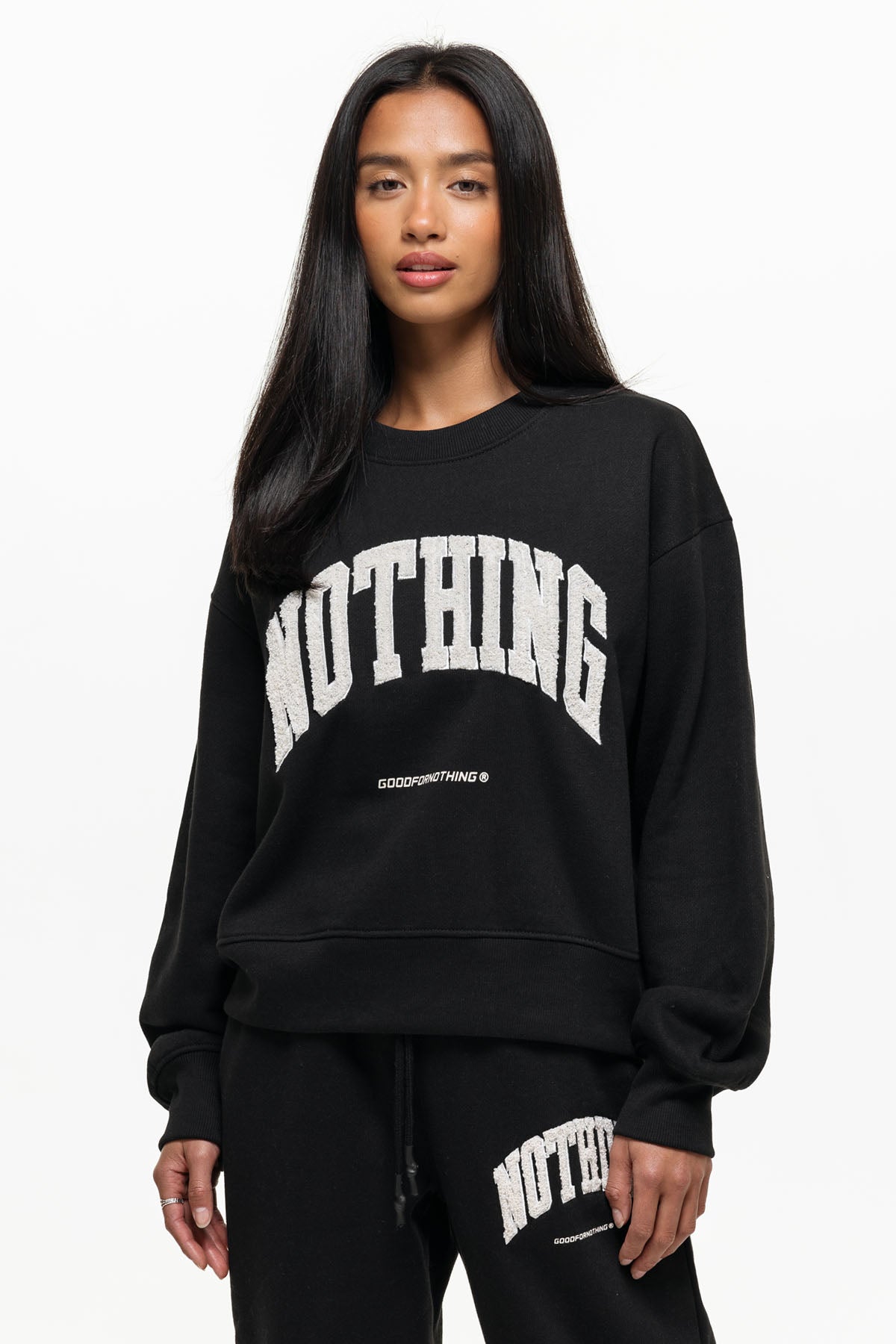 Oversized Varsity Boucle Black Sweatshirt