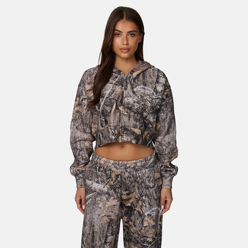Woodland Camo Brown Crop Zip Hoodie
