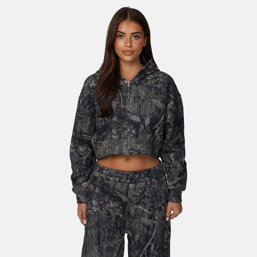 Woodland Camo Black Crop Zip Hoodie