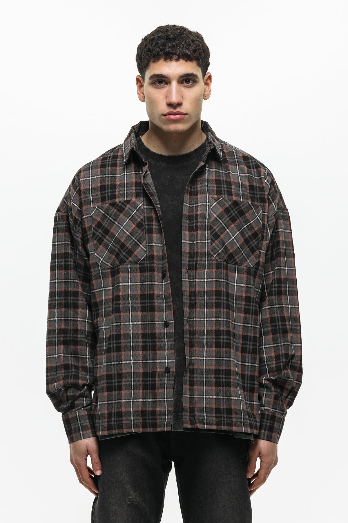 Oversized Flannel Check Grey Shirt