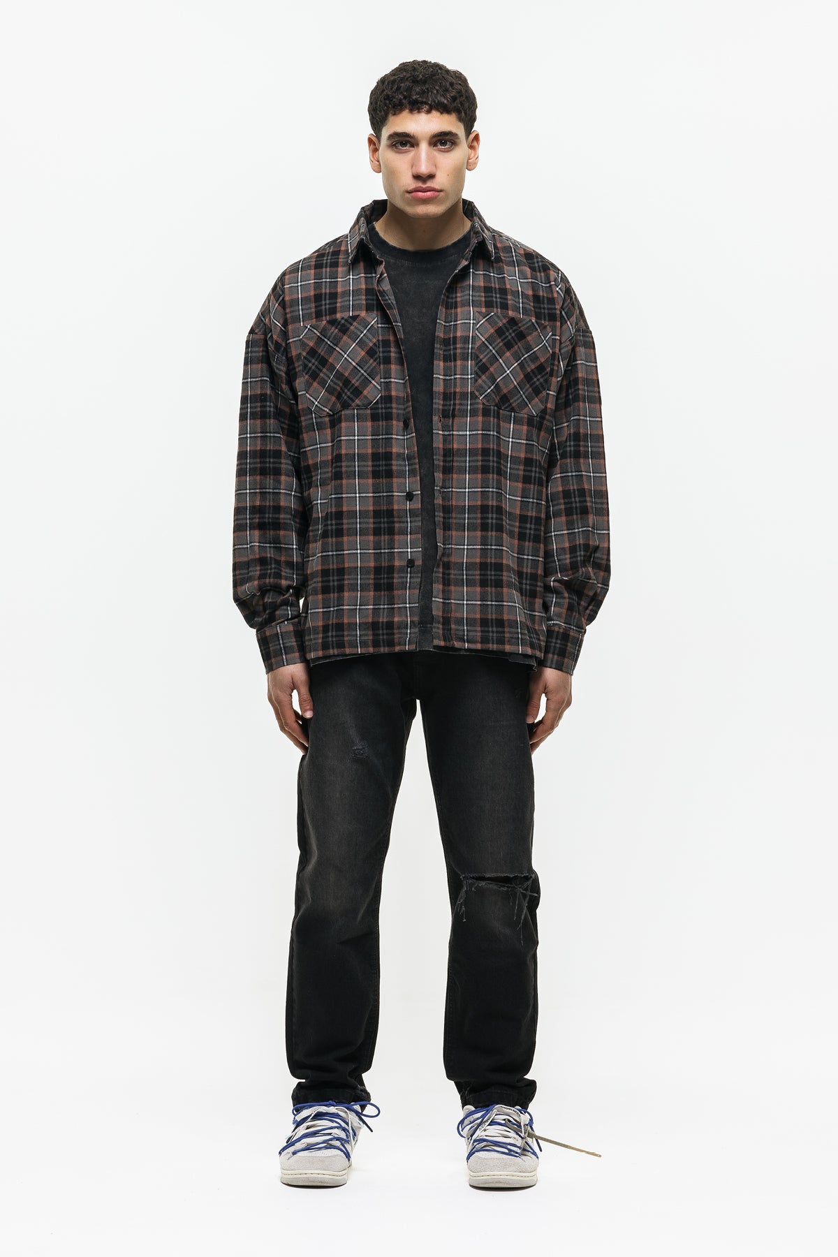 Oversized Flannel Check Grey Shirt