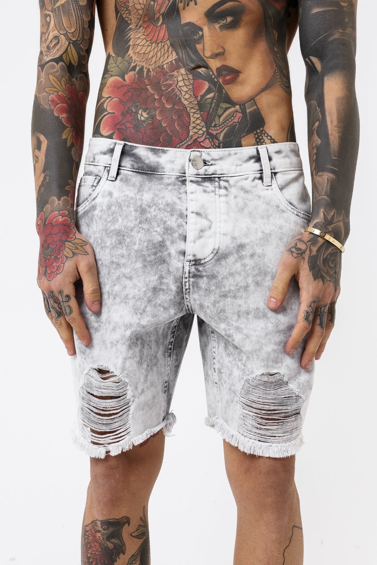 Shredded Acid Grey Denim Shorts