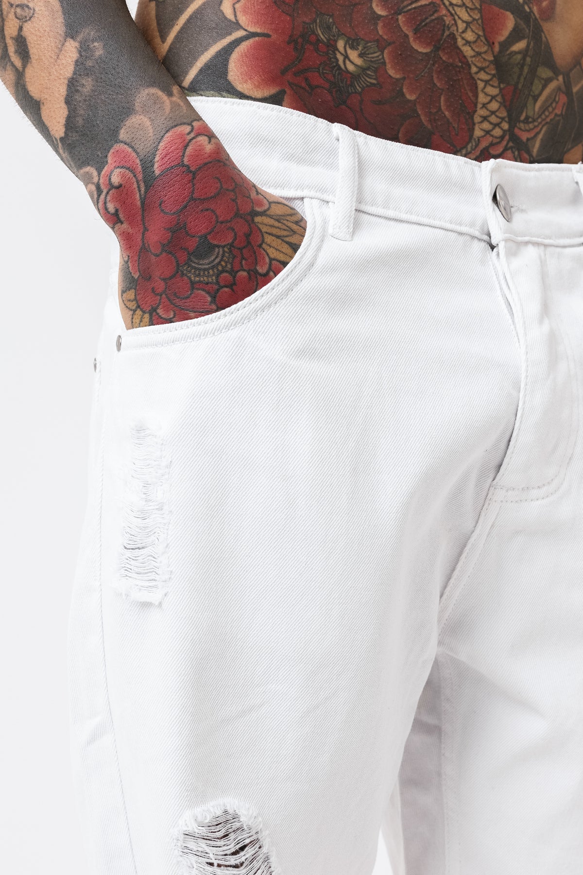 Shredded White Denim Shorts
