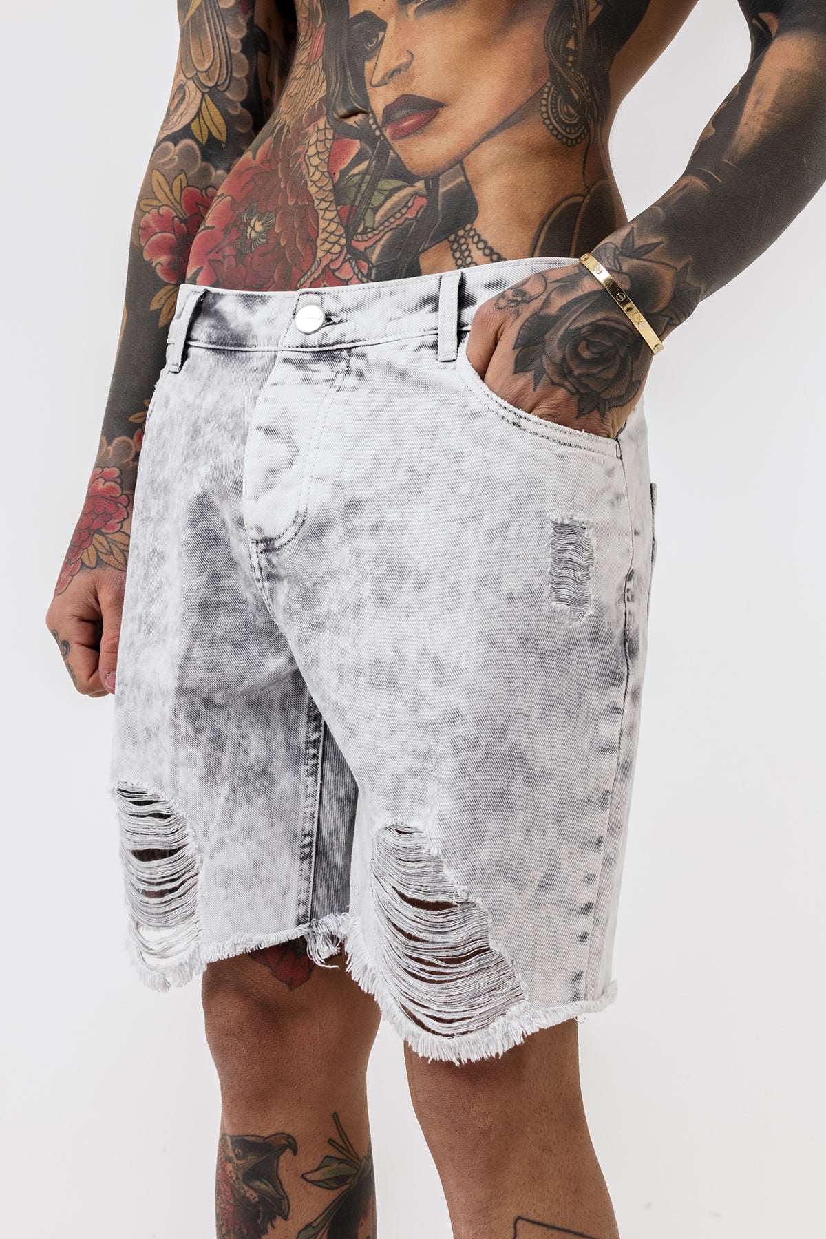 Shredded Acid Grey Denim Shorts