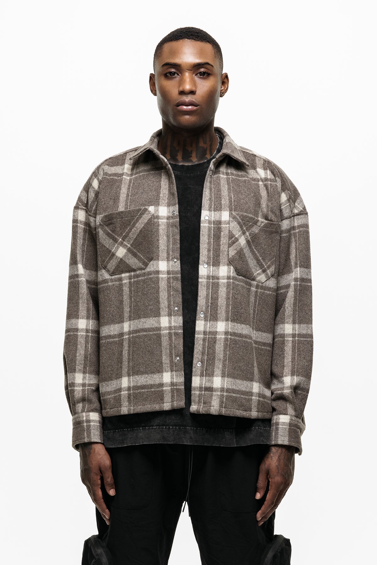 Wool Blend Stone Check Overshirt